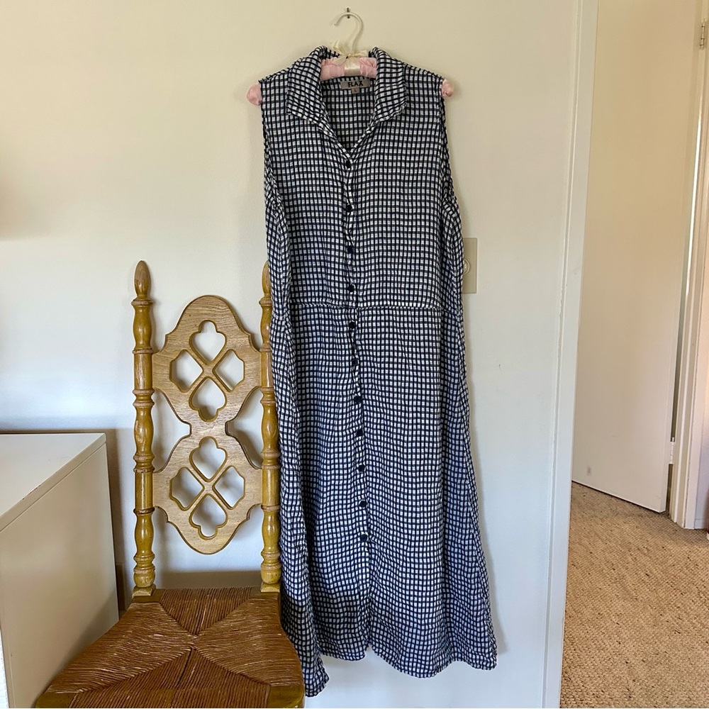 FLAX Linen Navy and White Gingham Dress Women’s Size Large